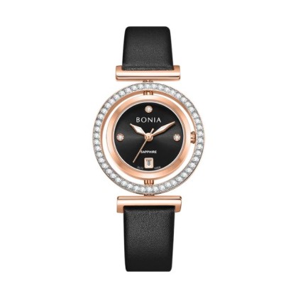 Bonia Elegance BNB10926-2537S Black Leather Strap Women Watch 